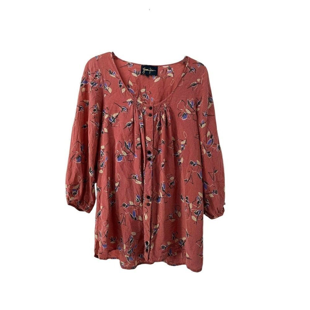 Yumi Kim Silk Blouse Womens Size M Red Floral 3/4 Sleeve Scoop Neck Button Front